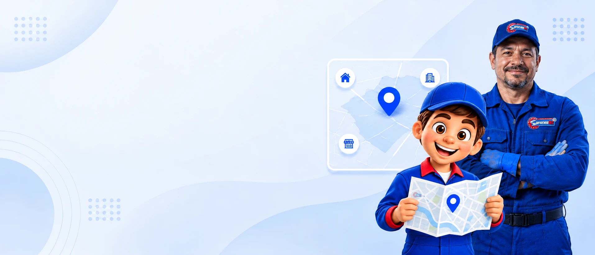Técnico e mascote da SupremaTec com um mapa da região atendida